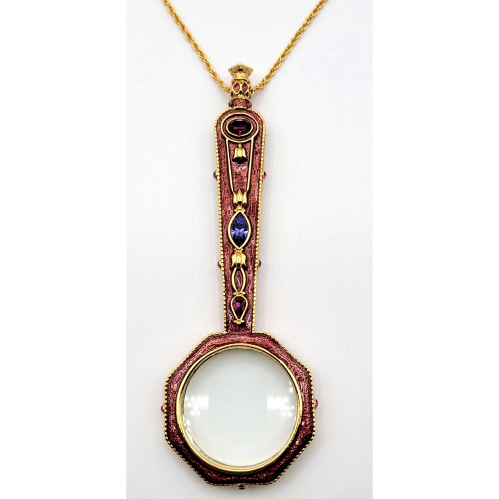 JOAN RIVERS MAGNIFYING GLASS PENDANT NECKLACE PURPLE‎ RHINESTONE SIGNED VINTAGE
